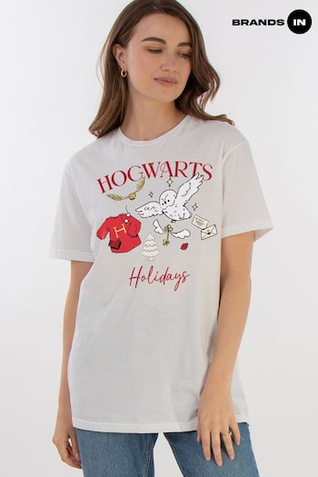 Brands In White Women Boyfriend Fit Harry Potter Hogwarts Christmas 100% Cotton T-Shirt (AV3704) | £23