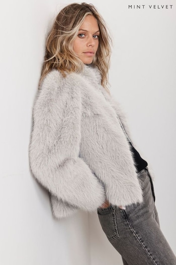 Mint Velvet Grey Faux Fur Crop Jacket (AV3911) | £180