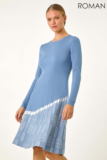 Roman Blue Pleated Border Ribbed Knit Dress (AV4691) | £48