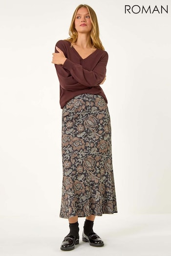 Roman Brown Floral Print Paneled Tulip Skirt (AV4695) | £32