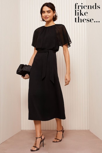 Friends Like These Black Scuba Chiffon Flutter Sleeve Midi Dress (AV4980) | £46