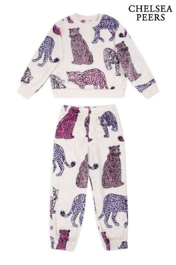 Chelsea Peers White Kids Fleece Leopard Print Co-ord Sweatshirt and Joggers Set (AV5542) | £40