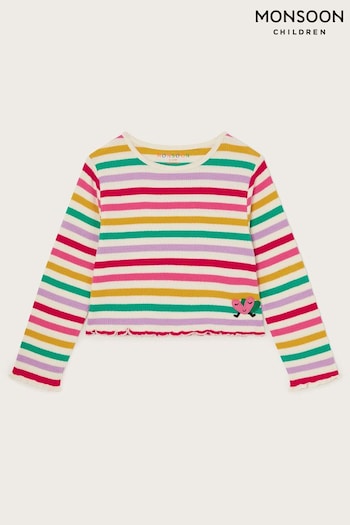 Monsoon Red Rainbow Stripe Long Sleeves 100% Cotton Top (AV5643) | £16 - £20