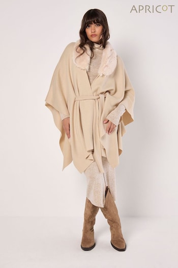 Apricot Natural Curve Hem Faux Fur Collar Poncho (AV6328) | £39