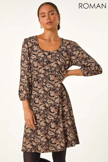 Roman Brown Petite Paisley Print Button Stretch Dress (AV6703) | £42