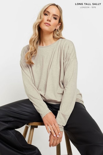 Long Tall Sally Stone Brown Long Sleeve Draped Front Top (AV6852) | £30