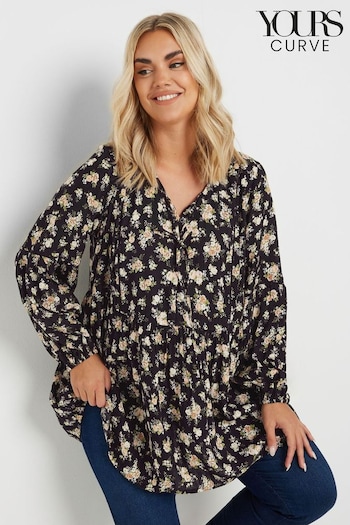 Yours Curve Black Floral Print Crinkle Tie Neck Tunic (AV6857) | £29