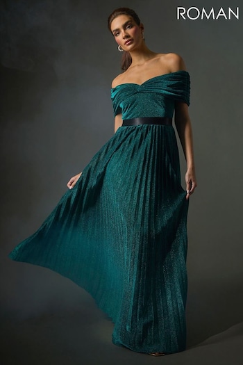 Roman Green Bardot Pleated Fit & Flare Maxi Dress (AV7060) | £110