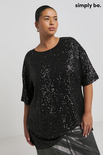 Simply Be Black Oversized Linear Sequin T-Shirt (AV7171) | £28