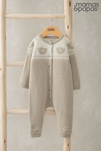 Mamas & Papas Teddy Bear 100% Cotton Fairisle Knitted Brown Romper (AV7471) | £29