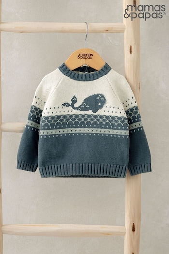 Mamas & Papas Blue 100% Cotton Whale Knitted Jumper (AV7476) | £25