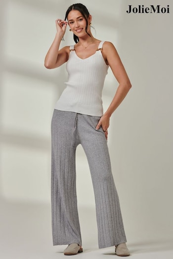 Jolie Moi Grey Knitted Ribbed Wide Leg Trousers (AV8597) | £35