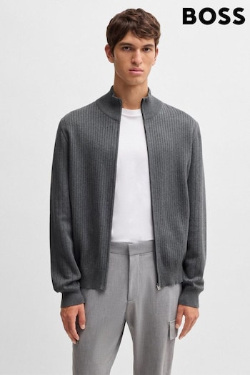 BOSS Grey Knitted Pinstripes Zip Up 100% Cotton Cardigan (AV8712) | £199