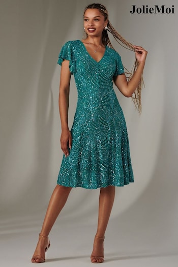 Jolie Moi Blue V-Neck Fit and Flare Sequin Dress (AV8774) | £60