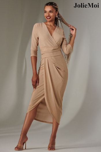 Jolie Moi Nude Wrap Ruched Sparkly Jersey Dress (AV8780) | £60