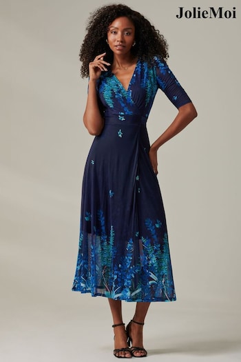 Jolie Moi Blue Stella Floral Print Wrap Mesh Maxi Dress (AV8786) | £79