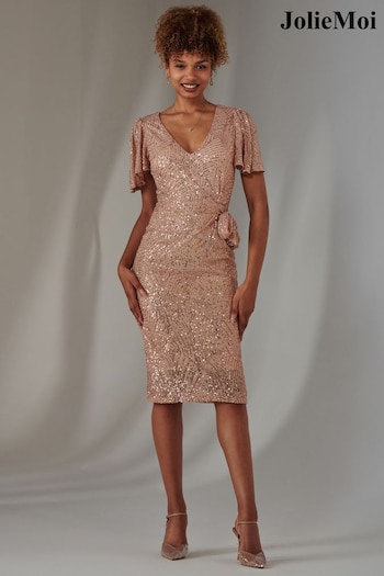 Jolie Moi Gold Angel Sleeves V-Neck Sequin Dress (AV8787) | £60