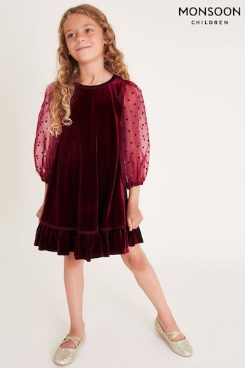 Monsoon Red Noa Spotty Organza Sleeves Velvet Dress (AV8937) | £50 - £60