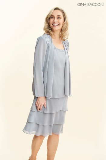 Gina Bacconi Grey Camira Lace Shoulder Bead Tier Jacket Dress (AW0271) | £340