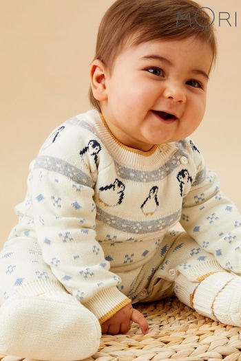 MORI Cream Penguin Fair Isle Knitted 100% Cotton Christmas Romper (AW0432) | £51.50