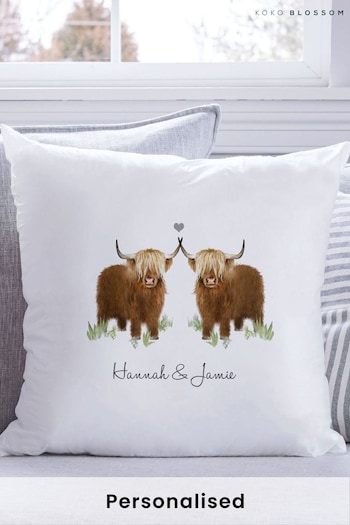 Personalised Couples Highland 100% Cotton Cow Cushion by Koko Blossom (AW0833) | £32