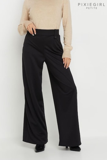 PixieGirl Petite Black Button Tab Ponte Wide Leg Trousers (AW1150) | £34