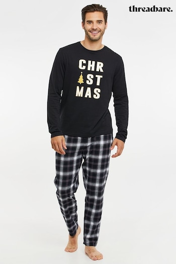 Threadbare Black Cotton Long Sleeves Check Christmas 100% Cotton Pyjamas Set (AW1649) | £26