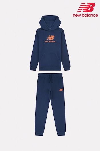 New Balance Blue Boys Brush Back Stacked Logo Hoodie Set (AW2192) | £90 - £108