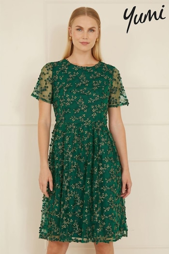 Yumi Green Embroidered Floral Skater Dress (AW3316) | £70