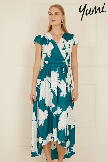 Yumi Green Blossom Print Wrap Midi Dress With Dipped Hem (AW3323) | £50