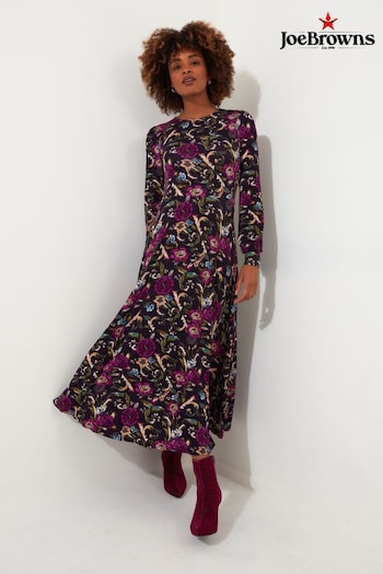 Joe Browns Dark Purple Petite Winter Floral Pleated Skirt Puff Sleeve Midi Jersey Dress (AW3719) | £60