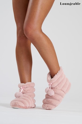 Loungeable Pink Textured Faux Fur Bootie With Poms (AW4648) | £20