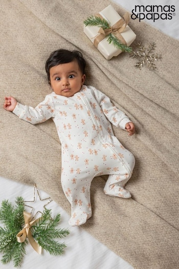 Mamas & Papas Cream Gingerbread Christmas Zip 100% Cotton Sleepsuit (AW5086) | £16