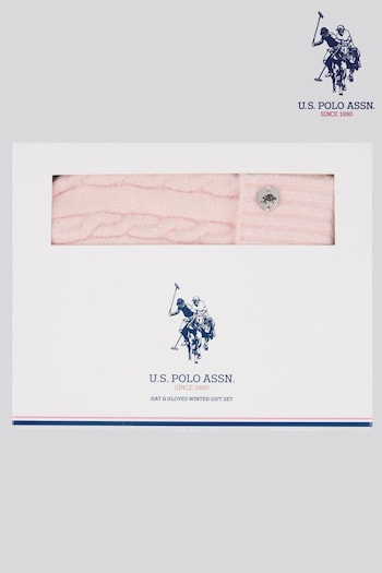 U.S. Polo Assn Pink Womens Signature Cable Knit Beanie & Gloves Set (AW5206) | £35