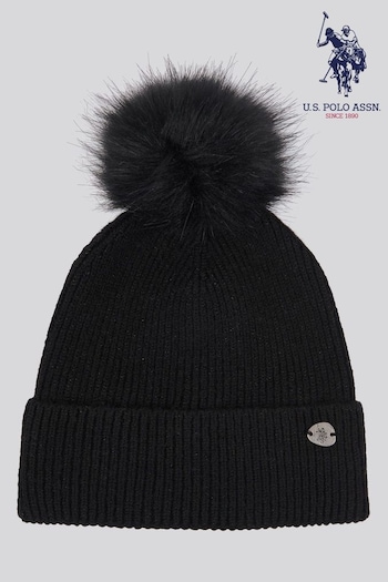 U.S. Polo Assn Black Metallic Faux Fur Womens Bobble Beanie (AW5213) | £25