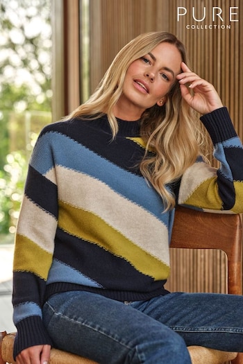 Pure Collection Blue Wool Cashmere Diagonal Stripe Sweater (AW5256) | £130