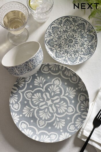 Grey Moroccan Tile Print 12 Piece Dinner Set (AW6136) | £46