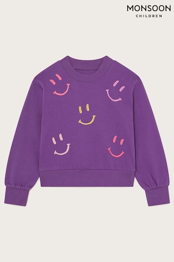 Monsoon Purple Happy Face 100% Cotton Embroidered Sweatshirt (AW6483) | £22 - £26