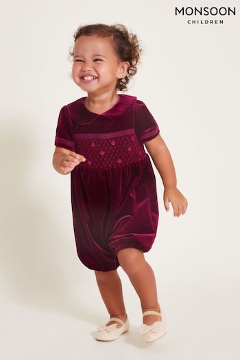 Monsoon Red Baby Smocked Velour Romper (AW6487) | £36 - £38