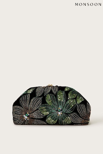 Monsoon Black Fern Floral Embellished Clutch Bag (AW6806) | £49