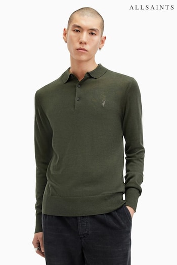 AllSaints Green Mode Merino Long Sleeve Polo Shirt (AW6955) | £95