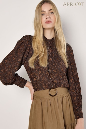 Apricot Brown Mosaic Lace Print Ruffle Blouse (AW7102) | £39