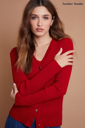 Another Sunday Red Rib Knit Cardigan With Gold Buttons (AW7941) | £30