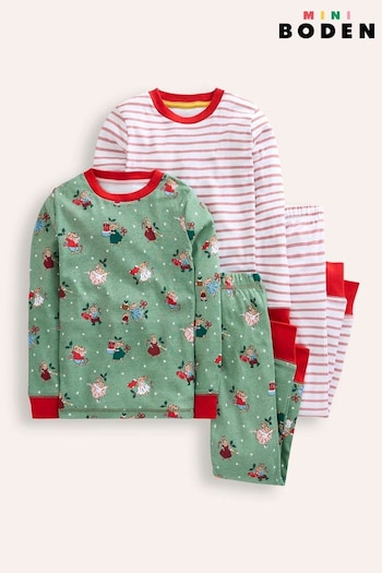 Boden Green Snug Bunny 100% Cotton Christmas Pyjamas 2 Pack (AW8269) | £35 - £39