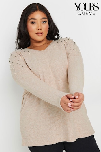 Yours Curve Natural Brown Pearl Embellished Jumper (AW9007) | £34