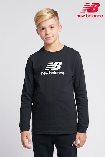 New Balance Black Boys 100% Cotton Stacked Logo Long Sleeve T-Shirt (AW9476) | £20 - £24