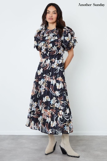 Another Sunday Lurex Floral Ruched Front Puff Sleeve Black Midi Dress (AW9610) | £65