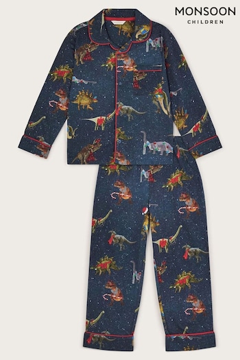 Monsoon Blue Christmas Dinosaur Print 100% Cotton Pyjama Set (AW9619) | £28 - £32