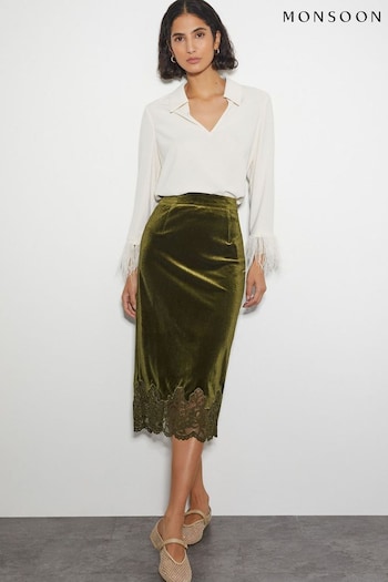 Monsoon Green Andi Velvet Lace Pencil Skirt (AW9968) | £75