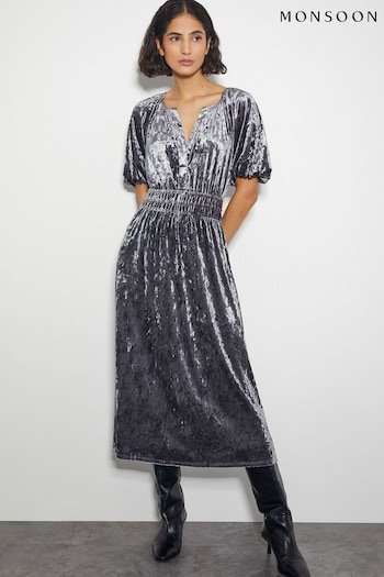 Monsoon Grey Valle Puff Sleeve Velvet Midi Dress (AW9973) | £85